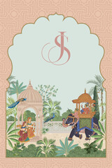 Wedding monogram JS, Typography, Indian Mughal king riding elephant in a garden with queen, woman, peacock, tree illustration frame
