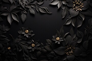 a black and gold floral wallpaper with leaves and flowers on a black background with a place for a text.