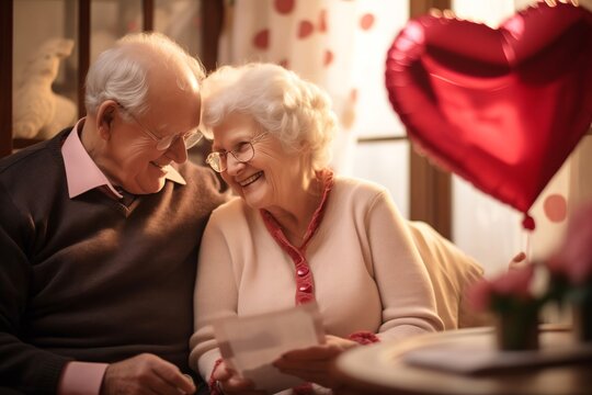 Elderly couple reminiscing over old love letters on Valentine Day. Recollections of student acquaintance. Old lady reading letter with lovely words