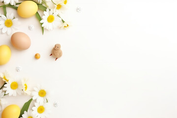 two cute tiny ceramic bunny rabbits, delicate flowers, dreamy style, ethereal light, easter, top view, pink