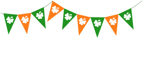 St Patrick Day green bunting pennants with clover symbol, flags garland, Irish holiday, panoramic decorative vector element for greeting card, poster, banner - obrazy, fototapety, plakaty