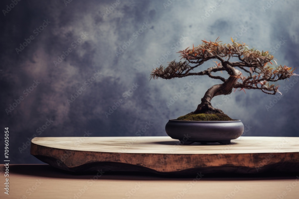 Poster a bonsai tree sitting on top of a wooden table in front of a gray wall with clouds in the background