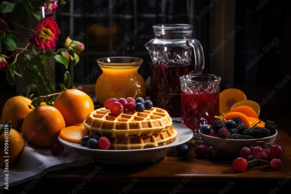 Poster a table topped with a plate of waffles next to a bowl of fruit and a pitcher of juice.