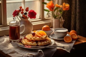  a table topped with a plate of waffles next to a cup of coffee and a vase of flowers.
