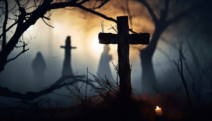 Silhouette of ghost standing near a grave on a dark background.dry tree branches, religion concept.