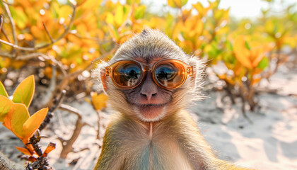 Little monkey, taking funny selfies with glasses, Love Your Pet Day celebration, February, Animals concept, generative ai