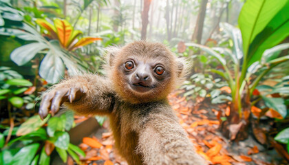 Naklejka premium Sloth (Folivora), taking funny selfies, Love Your Pet Day celebration, February, concept Animals, generative ai