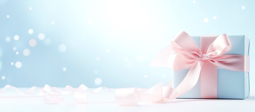 banner pastel colors gift box with elegant pink ribbon on a sparkling light blue background, copyspace for text, spring holidays, valentines day, mothers day and birthday card.