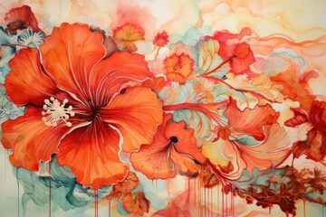  a painting of orange and red flowers on a white background with a splash of paint on the bottom of the painting.