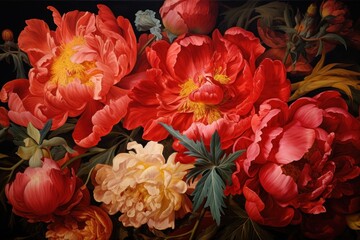  a close up of a bunch of flowers with red, yellow, and pink flowers in the middle of the picture.