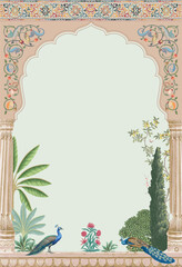 Traditional ethnic Mughal garden, arch, palace, peacock and pattern illustration frame for invitation