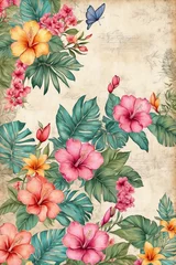 Fotobehang watercolor tropical flowers on vintage paper, beautiful backdrop for invitations, cards, congratulations © Jan