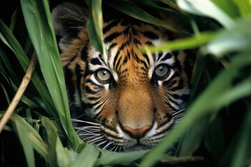  a close up of a tiger's face peeking out from the tall green leaves of a grass covered area.