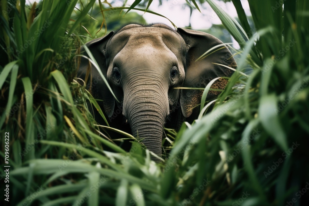 Poster a close up of an elephant in a field of grass with trees in the background and a sky in the backgrou