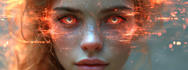 Ethereal Enigma, A Mesmerizing Portrait of a Woman With Fiery Red Eyes Amid a Surreal Haze
