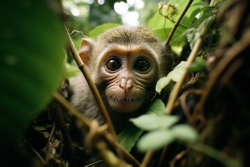  a close up of a monkey peeking out from the leaves of a tree in the jungle with a curious look on its face.