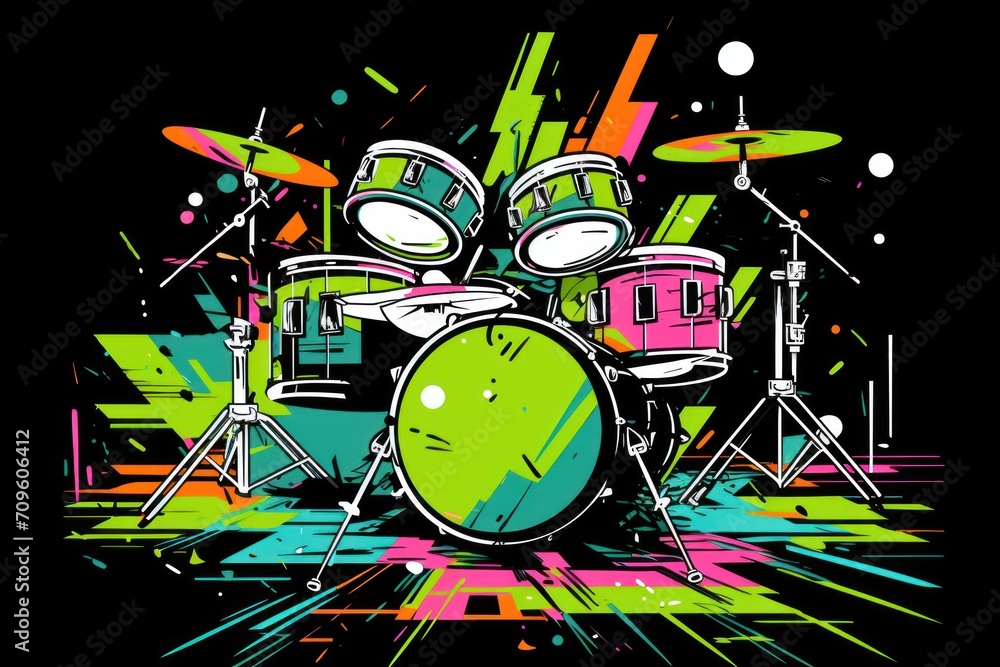 Poster a drawing of a drum set on a black background with multi - colored splattered paint splatters.