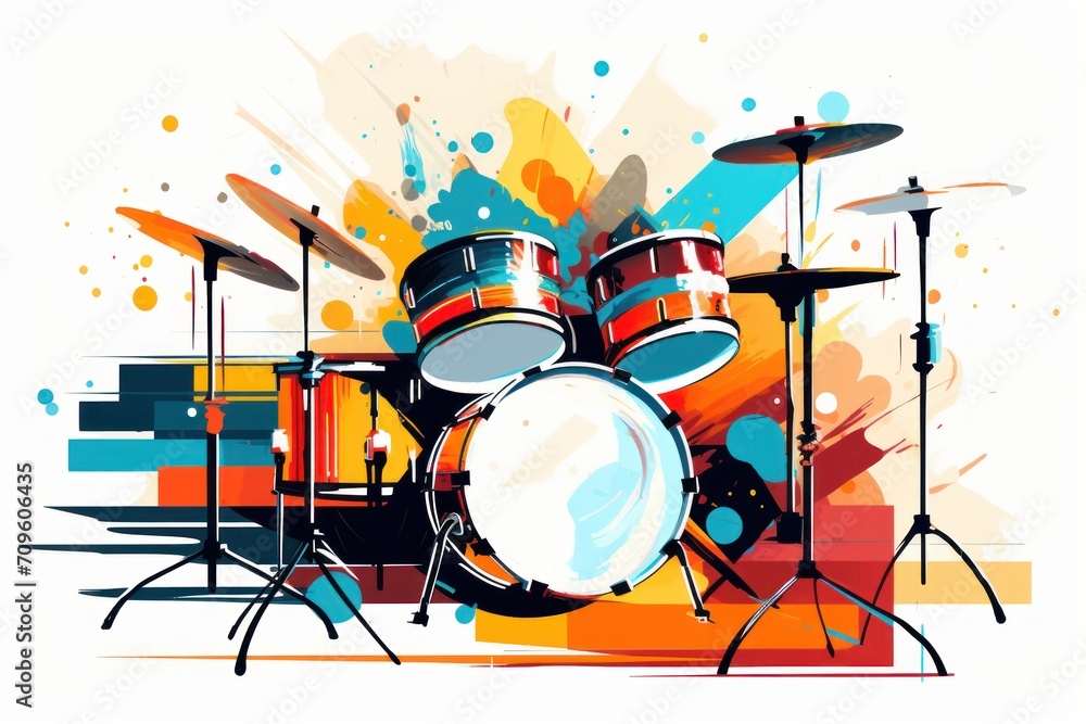 Poster a painting of a drum set with a splash of paint on the side of the drum set and a pair of drums on t