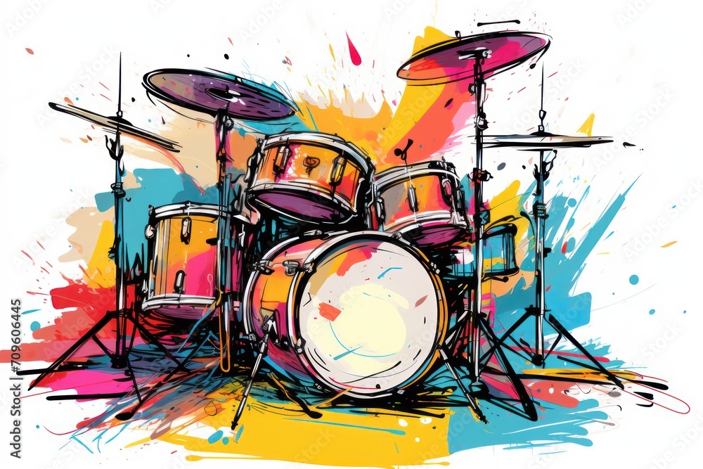Aufkleber a drawing of a drum set with a splash of paint on the side of the drum set and a pair of drums on th