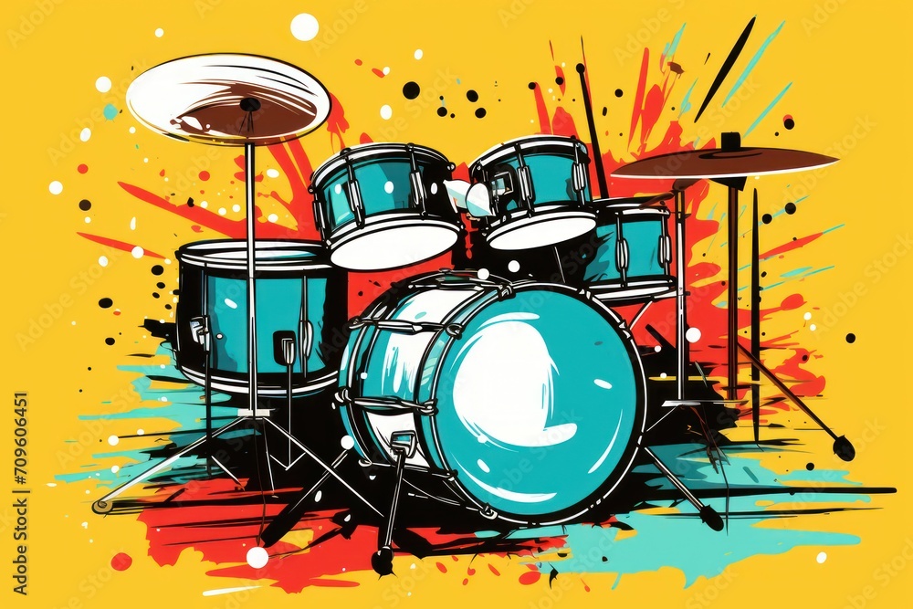 Poster a drawing of a drum set on a yellow background with paint splatters and a drumet in the foreground.