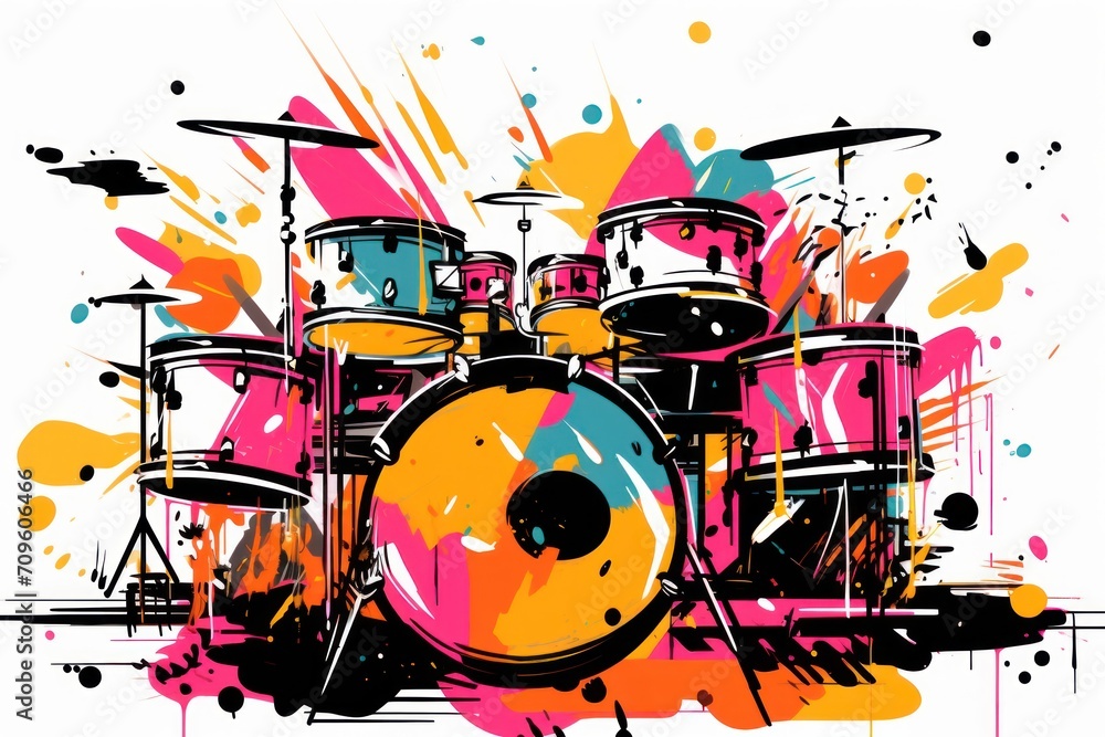 Poster a drawing of a drum set with paint splatters and splashes on the side of the drum set.