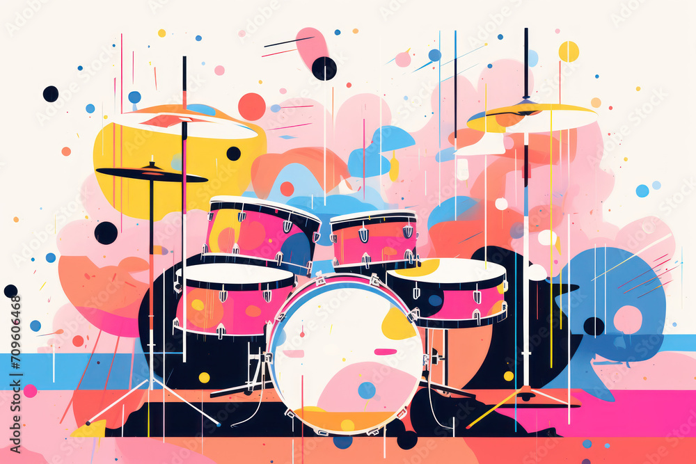 Poster a painting of a drum set in front of a multicolored background with a splash of paint on it.