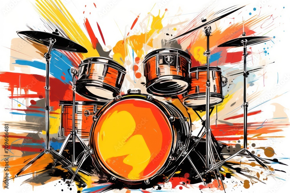 Aufkleber a drawing of a drum set with a splash of paint on the side of the drum set and a pair of drums on th