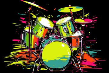  a painting of a drum set with paint splatters on a black background with multi - colored paint splatters.