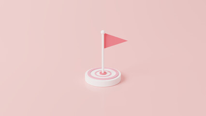 Flag in the middle of target. aimed at a goal, increase motivation, a way to achieve a goal concept. 3d rendering. Flag in center of target pink pastel background. Business finance success Minimal