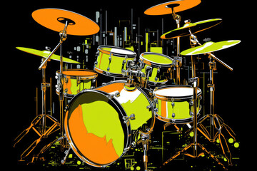  a digital painting of a drum set with orange and yellow paint splattered on the top of the drums.