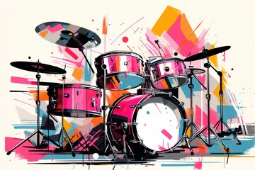  a painting of a drum set with drums and drumsticks in front of the drumsticks and drumsticks in front of the drumsticks.