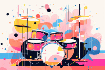  a painting of a drum set in front of a multicolored background with a splash of paint on it.