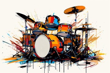  a painting of a drum set with drums and drumsticks on the drumsticks and drumsticks on the drumsticks on the drumsticksticksticks and drumsticks and drumsticks.