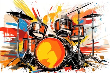  a drawing of a drum set with a splash of paint on the side of the drum set and a pair of drums on the side of the drum set.