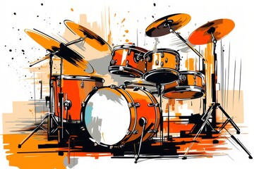  a drawing of a drum set with orange and white paint splattered on the side of the drum set. - obrazy, fototapety, plakaty