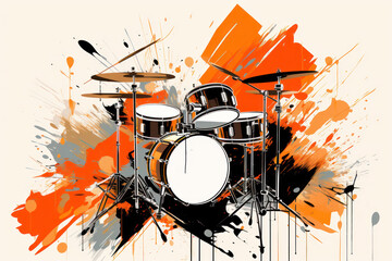  a painting of a drum set with paint splatters on the side of the drum set and a pair of drums on the side of the drum set.