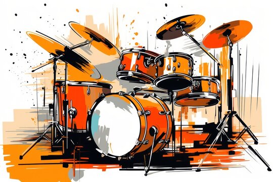  a drawing of a drum set with orange and white paint splattered on the side of the drum set.