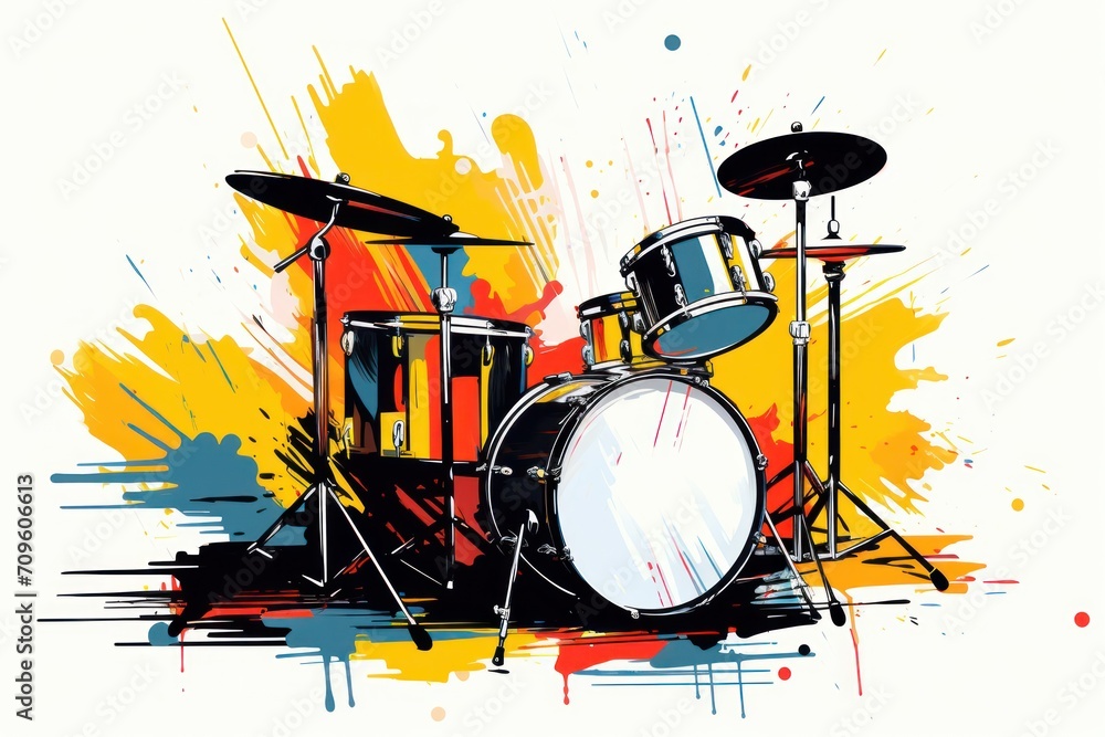 Poster a drawing of a drum set with a splash of paint on the side of the drum set and a pair of drums on th