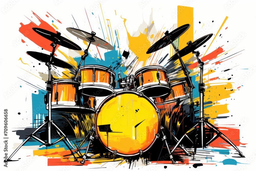 Poster a drawing of a drum set with a clock on the side of the drum set and a splash of paint on the side o