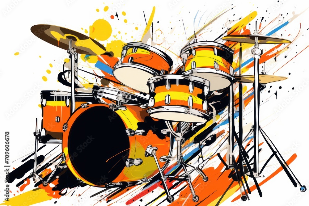 Poster a drawing of a drum set with paint splatters and splashes on the side of the drum set.