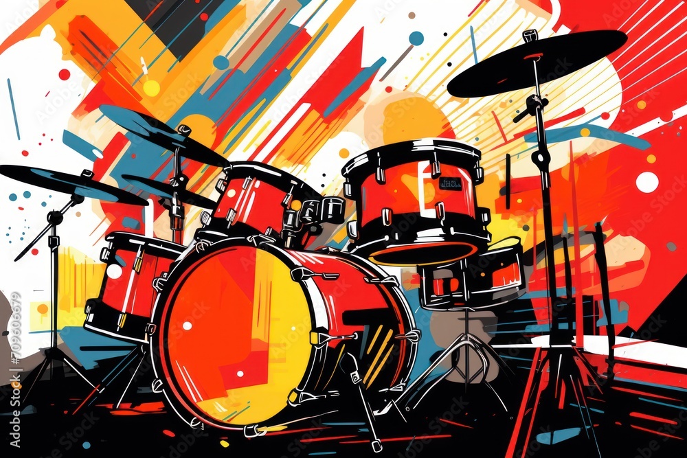 Poster a painting of a drum set in front of a red and yellow background with paint splatters on it.