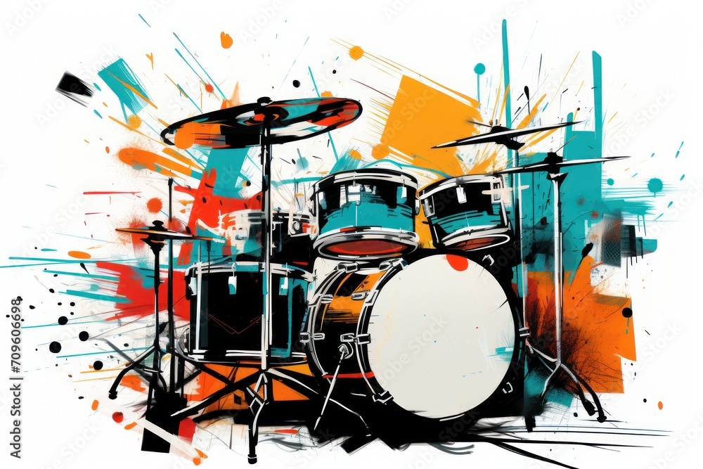 Poster a painting of a drum set with a splash of paint on the side of the drum set and a pair of drums on t