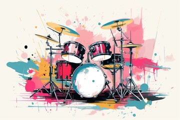  a painting of a drum set with paint splatters on the wall and a splash of paint on the floor. - obrazy, fototapety, plakaty