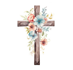Cross with watercolor flowers on a white background. Religious floral illustration for Easter. Christian, Baptism, and First Communion Designs. Wooden cross art. - obrazy, fototapety, plakaty