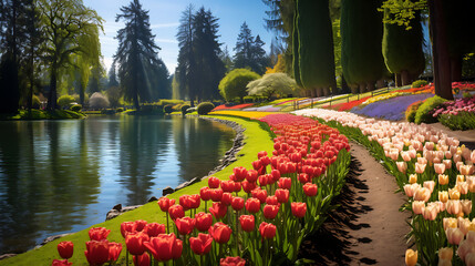  Immerse yourself in the allure of the Canada Tulip Festival, with visitors enjoying the serene and vibrant tulip gardens, creating a harmonious blend of nature's beauty and human appreciation, portra - obrazy, fototapety, plakaty