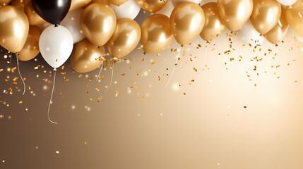 Obraz na płótnie Canvas Holiday celebration background with balloons, golden sparkling confetti and ribbons