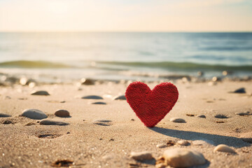 A red little heart stands on a sandy beach. In the background, a sea wave. Generative AI