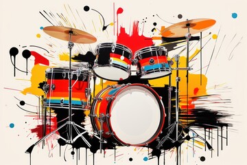  a painting of a drum set with paint splatters on the side of the drum set and a splash of red, yellow, orange, blue, and black paint on the drum set.