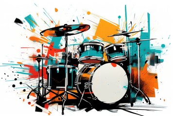  a painting of a drum set with a splash of paint on the side of the drum set and a pair of drums on the side of the drum set.