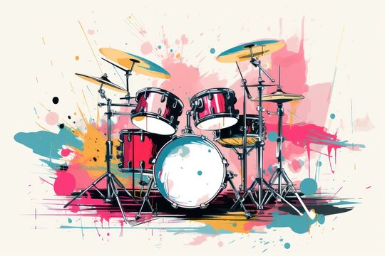  a painting of a drum set with paint splatters on the wall and a splash of paint on the floor.